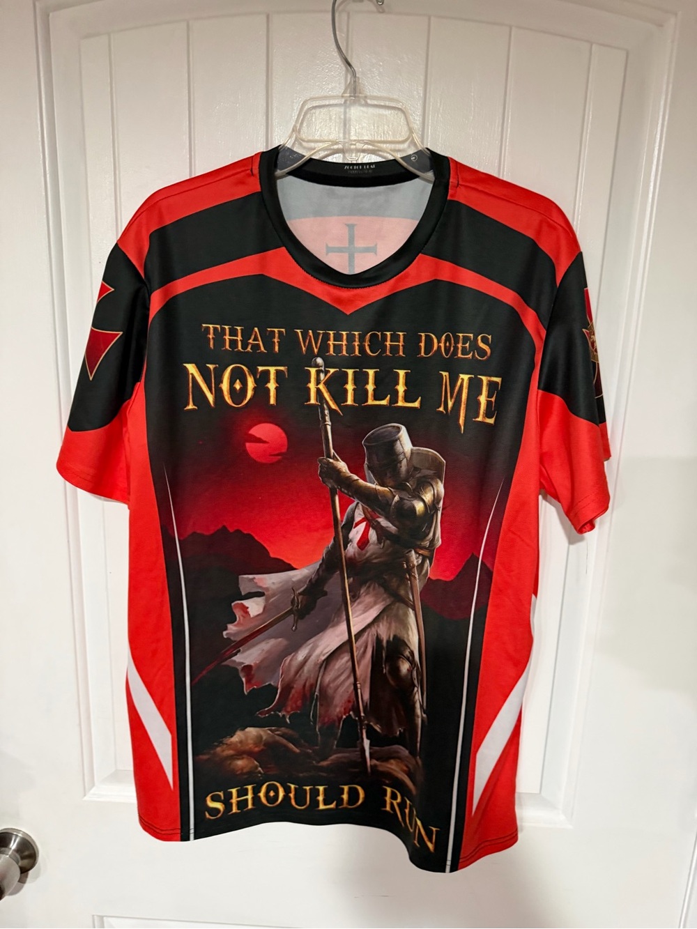 Men's Red and Black Graphic Short Sleeve Tee with Gold Script